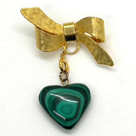 Vintage Gold Bow Brooch With Ring Clasp Malachite Heart Charm Victorian Revival - Picture 1 of 16